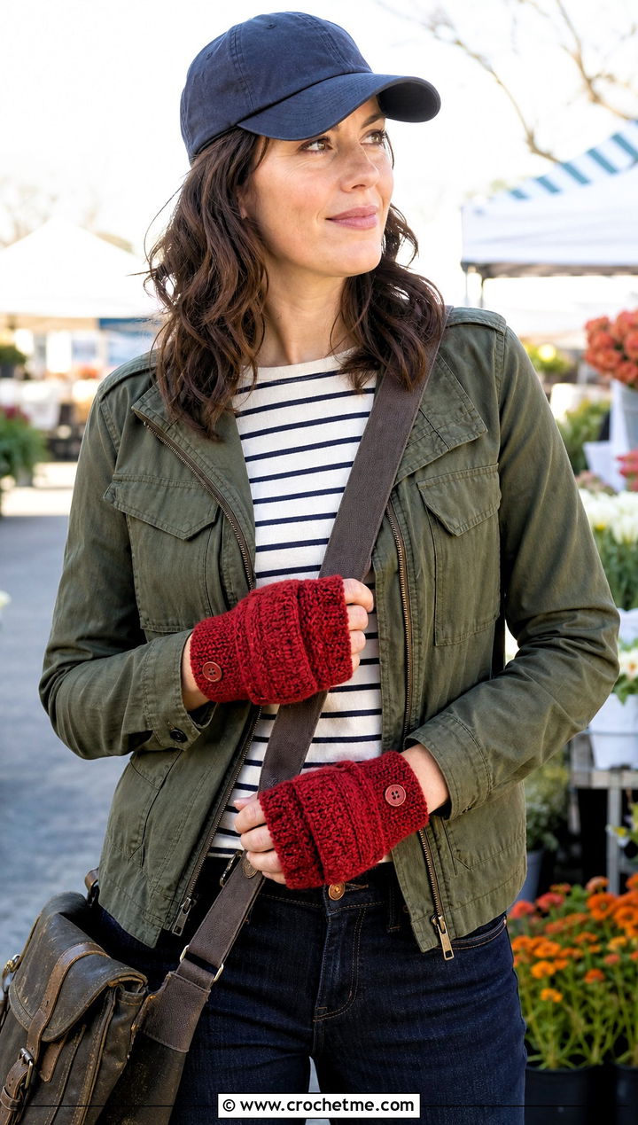 Moss Stitch Convertible Crochet Fingerless Mittens With Utility Jacket - 20 Convertible Crochet Fingerless Mittens outfit ideas
