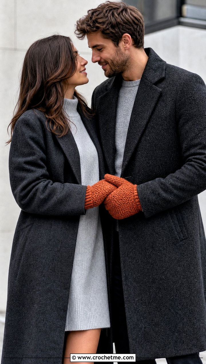 Moss Stitch Couple Mittens With Monochrome Outfits - 25 crochet couple mittens outfit ideas