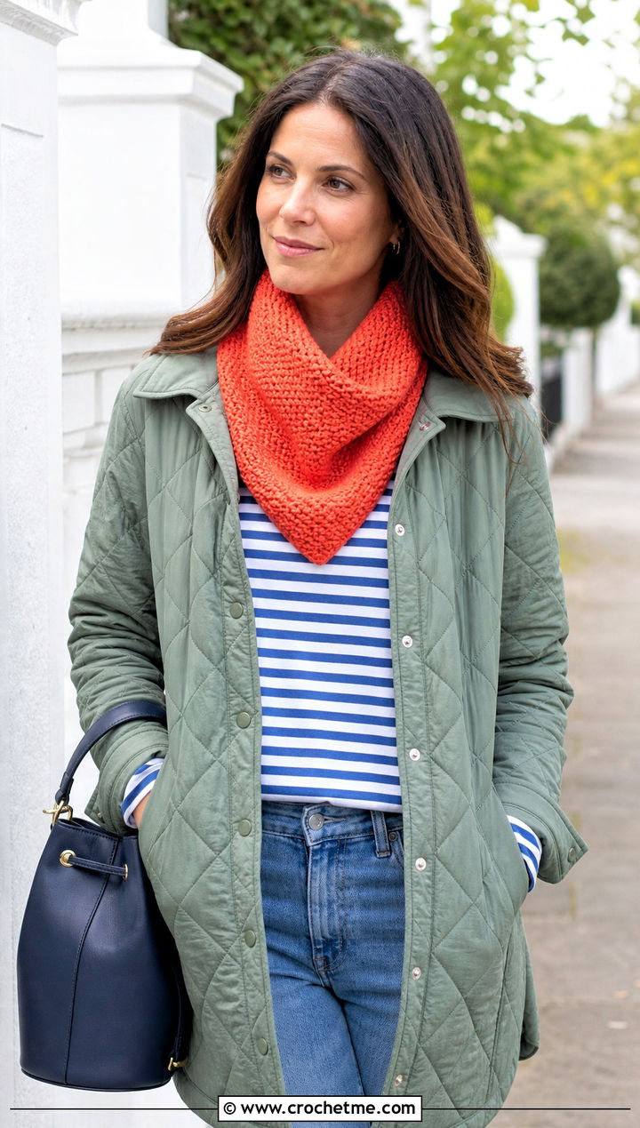 Moss Stitch Crochet Bandana Cowl With Quilted Jacket - 30 crochet bandana cowl outfit ideas