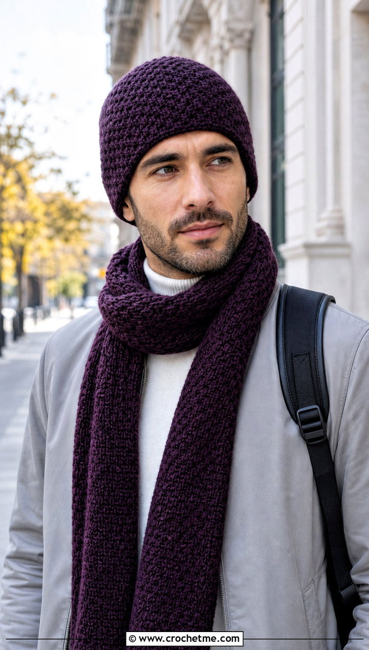 Moss Stitch Crochet Beanie And Scarf With Bomber Jacket - 20 Crochet Mens Hat And Scarf outfit ideas