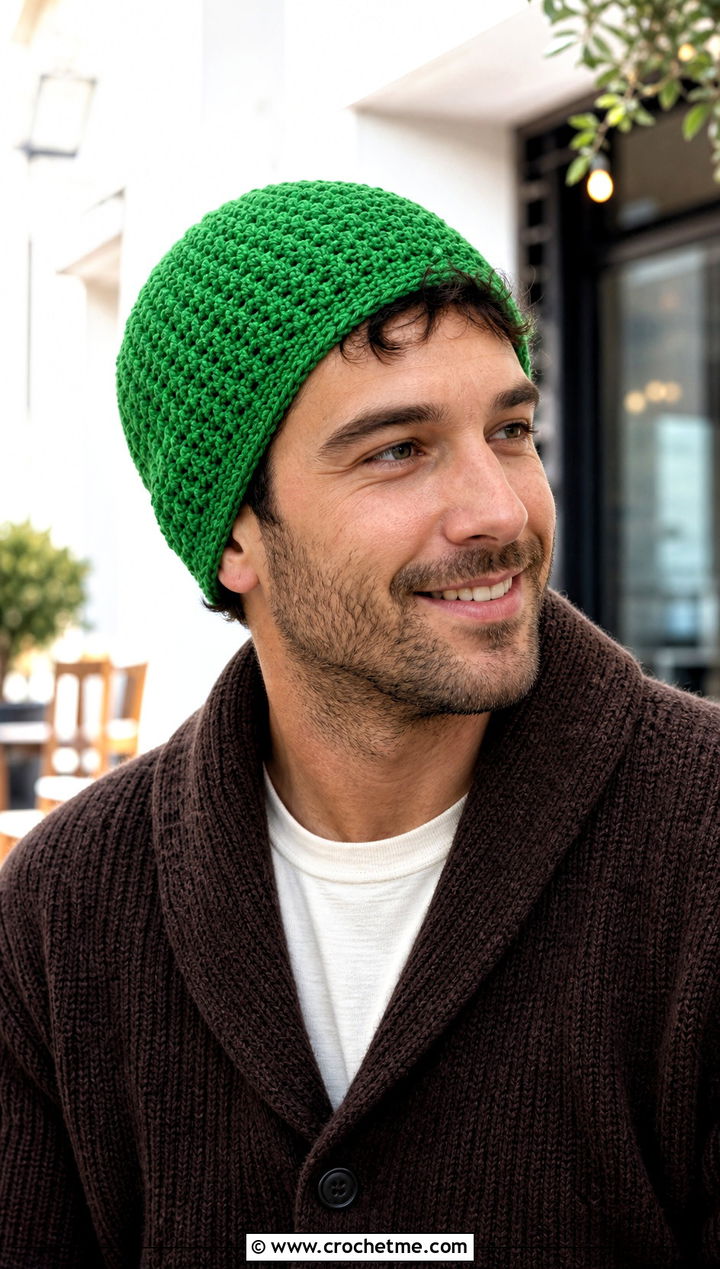 Moss Stitch Crochet Beanie With Cardigan - 25 easy crochet beanie for men outfit ideas