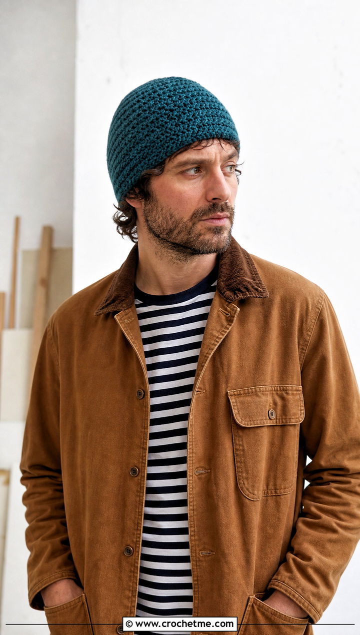 Moss Stitch Crochet Beanie With Chore Coat - 25 crochet for men's beanies outfit ideas