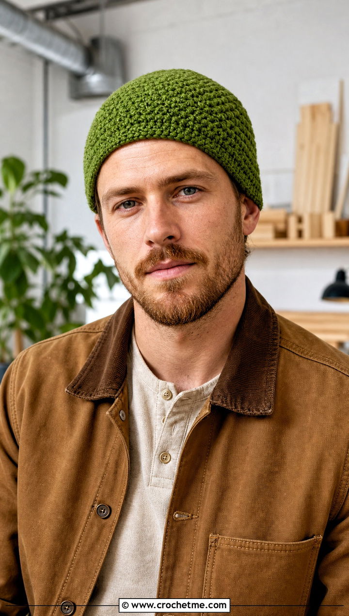 Moss Stitch Crochet Beanie With Chore Coat - 30 mens crochet hats men's beanie outfit ideas