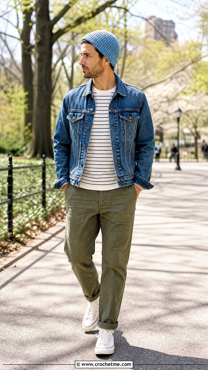 Moss Stitch Crochet Beanie With Denim Jacket And Fatigue Pants - 35 crochet beanie for men outfit ideas