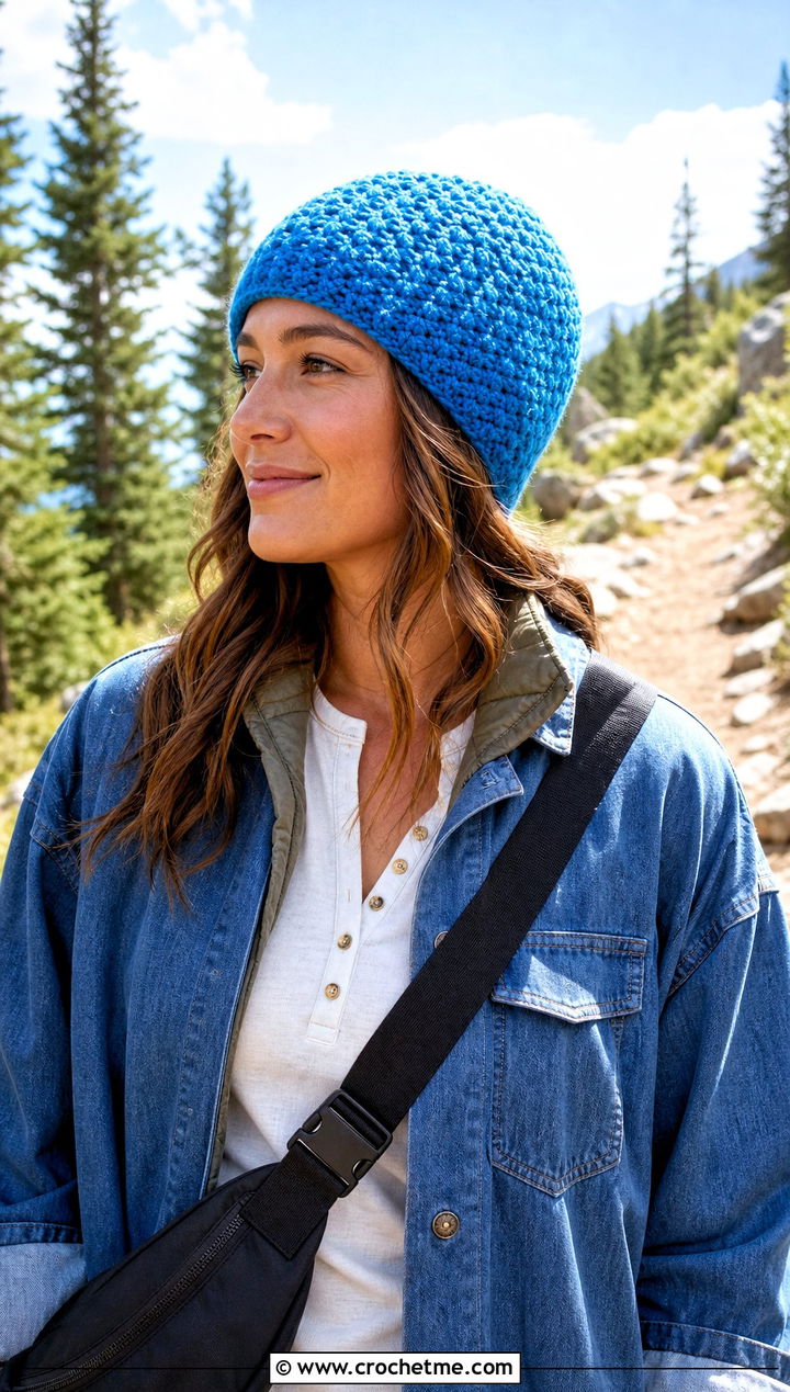 Moss Stitch Crochet Beanie With Denim Overshirt And Leggings - 25 Crochet Beanie Size 4 Yarn outfit ideas