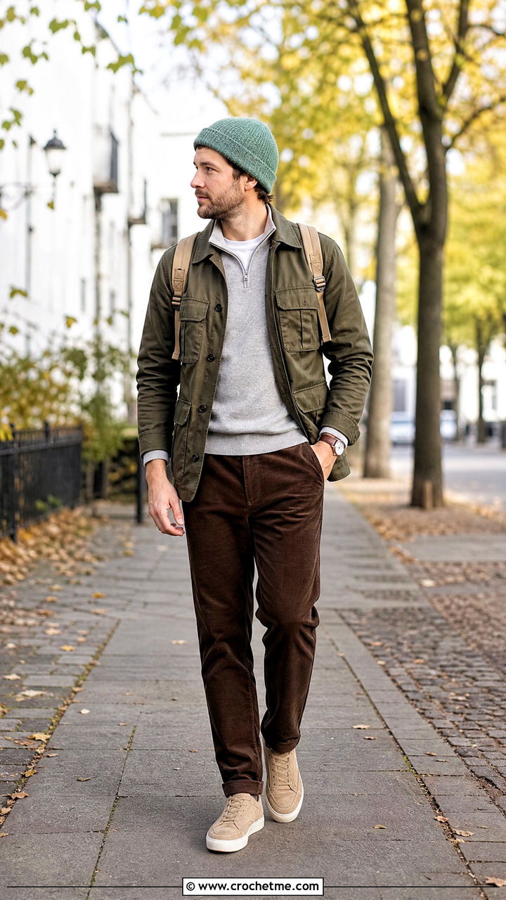 Moss Stitch Crochet Beanie With Field Jacket And Corduroy Trousers - 35 crochet hat for men outfit ideas