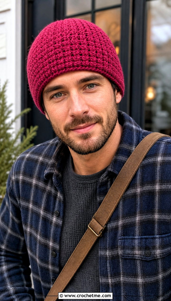 Moss Stitch Crochet Beanie With Flannel Overshirt - 25 Crochet Mens Winter Hat outfit ideas