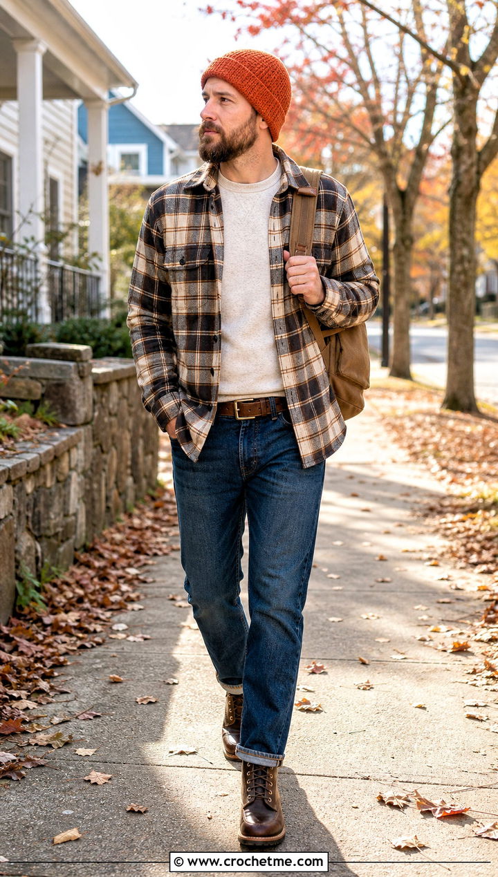 Moss Stitch Crochet Beanie With Flannel Overshirt - 35 Men Crochet Beanie outfit ideas