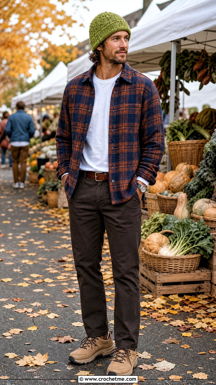 Moss Stitch Crochet Beanie With Flannel Shirt - 35 men's crochet beanie outfit ideas