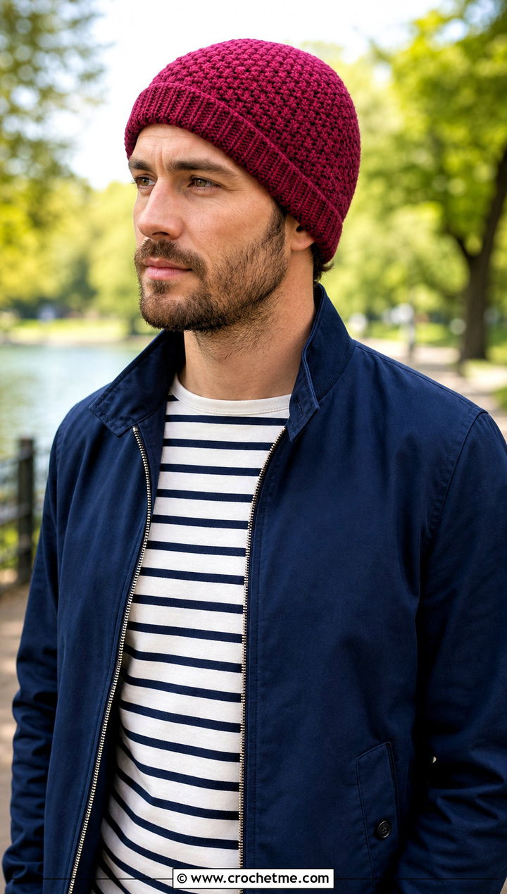 Moss Stitch Crochet Beanie With Harrington Jacket - 25 Easy Mens Crochet Beanie outfit ideas