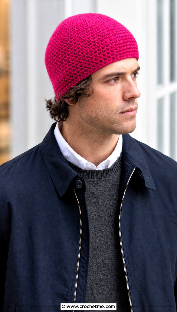 Moss Stitch Crochet Beanie With Harrington Jacket - 25 mens winter crochet hats outfit ideas
