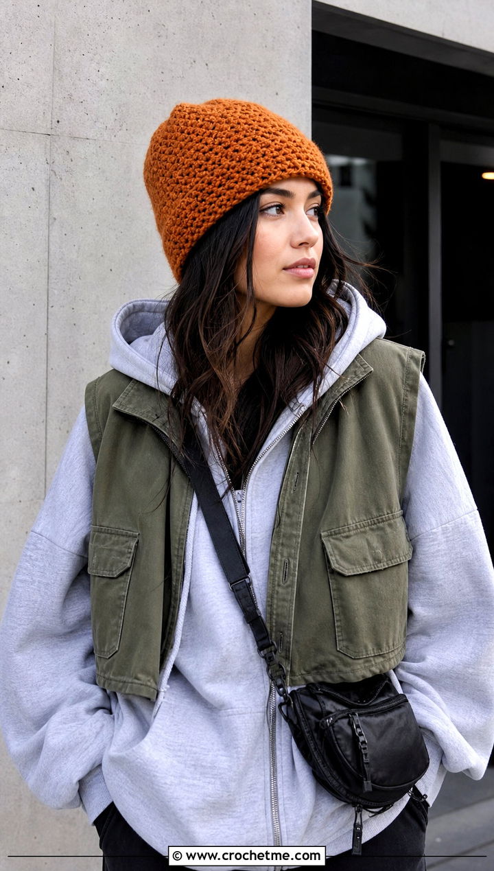 Moss Stitch Crochet Beanie With Hoodie And Cargos - 30 knit look crochet beanie outfit ideas