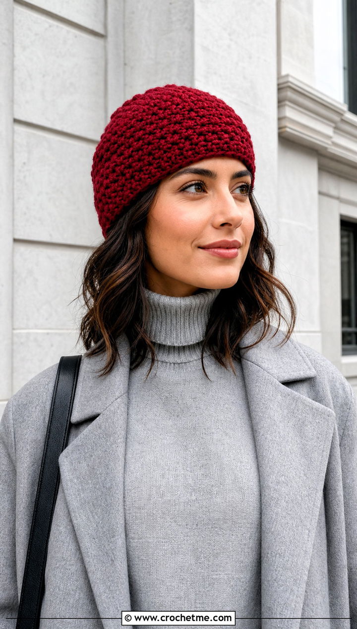 Moss Stitch Crochet Beanie With Monochrome Outfit - 30 crochet beanies for women outfit ideas