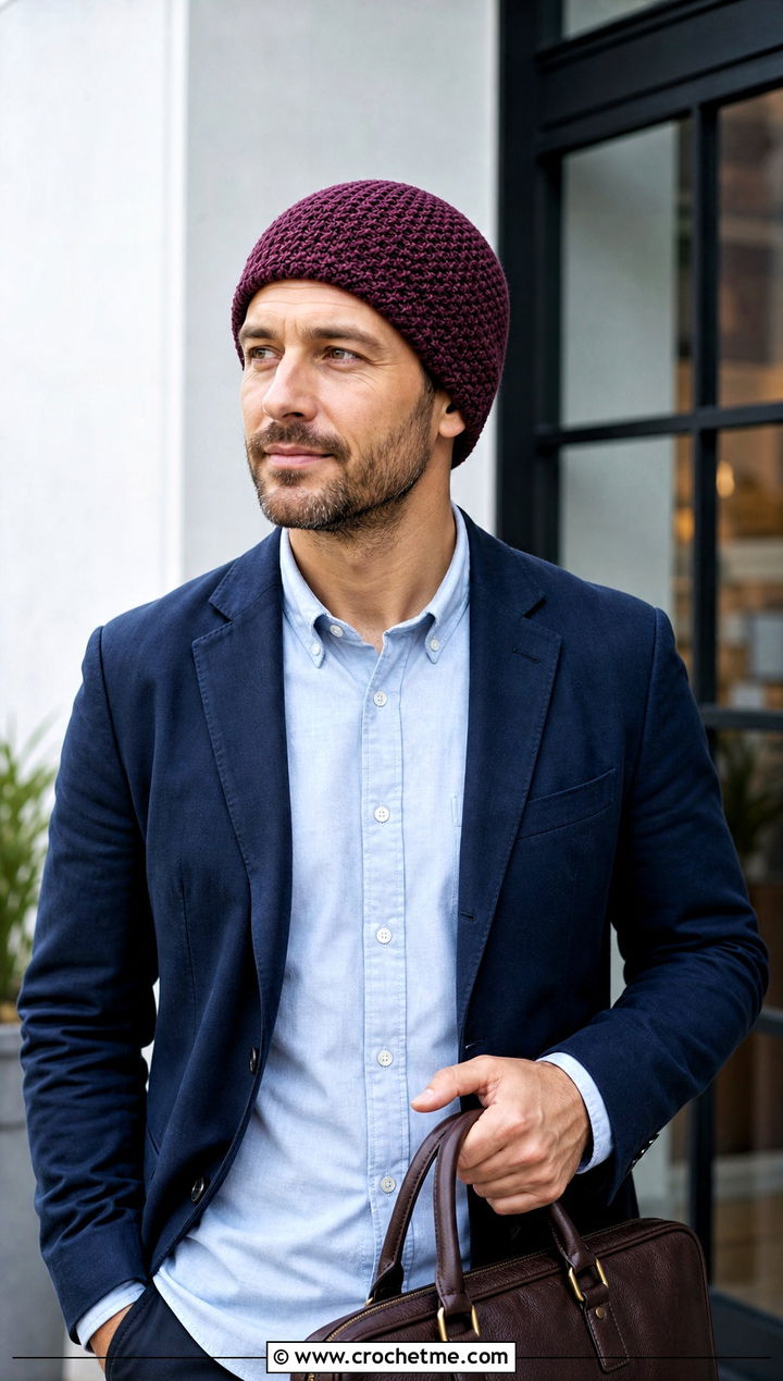 Moss Stitch Crochet Beanie With Office Casual Outfit - 15 men's crochet beanies outfit ideas