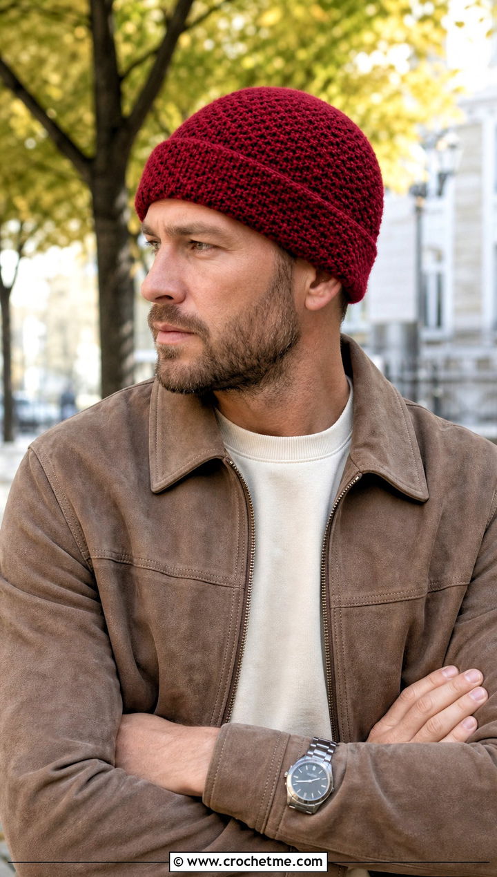 Moss Stitch Crochet Beanie With Suede Jacket - 25 easy men's crochet beanie outfit ideas
