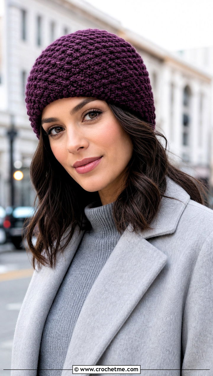Moss Stitch Crochet Beanie With Sweater Dress And Knee High Boots - 15 Easy Crochet Beanies For Beginners outfit ideas