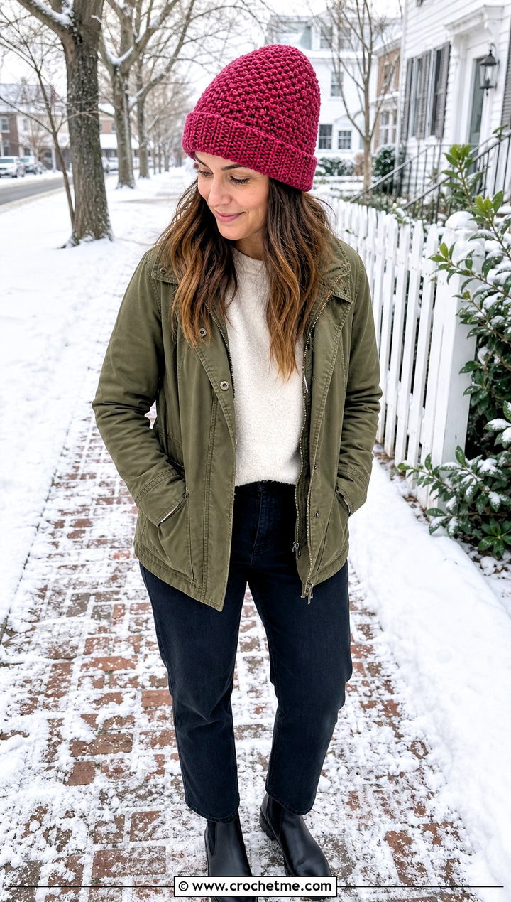 Moss Stitch Crochet Beanie With Utility Jacket And Dark Jeans - 30 easy crochet winter hat outfit ideas