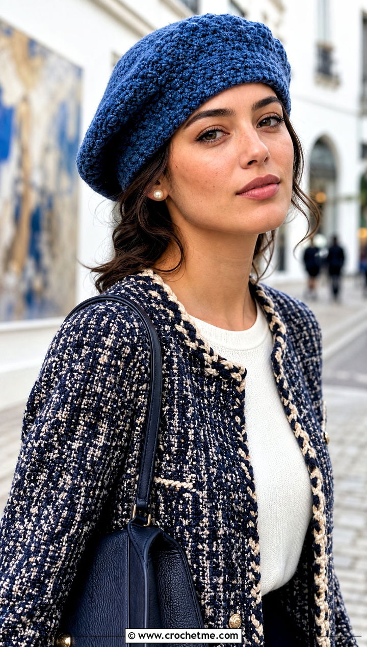 Moss Stitch Crochet Beret With Tweed Jacket - 20 Moss Stitch Crochet Hat outfit ideas