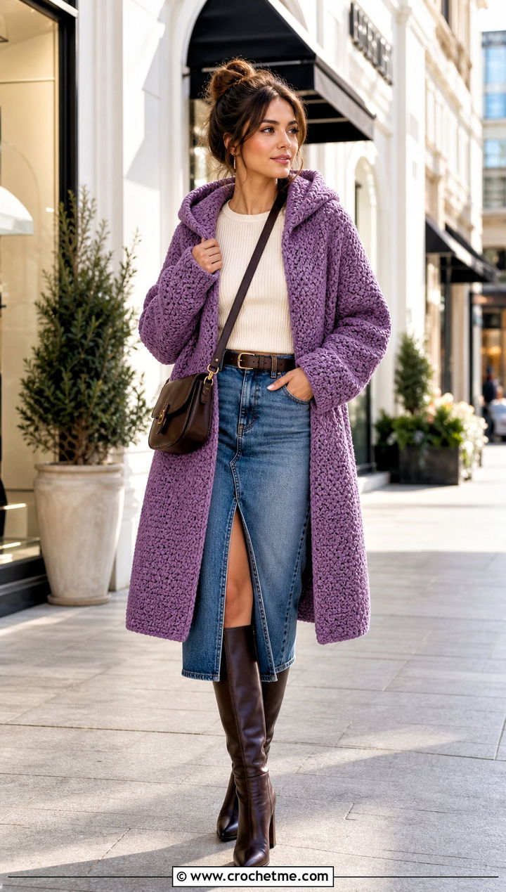 Moss Stitch Crochet Blanket Hoodie With Denim Midi Skirt - 30 crochet blanket hoodie outfit ideas