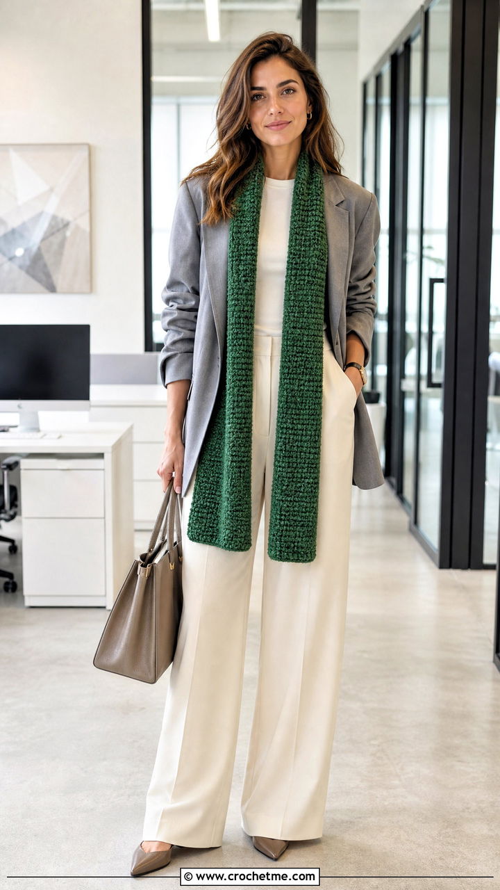 Moss Stitch Crochet Blanket Scarf With Blazer - 35 crochet blanket scarf outfit ideas