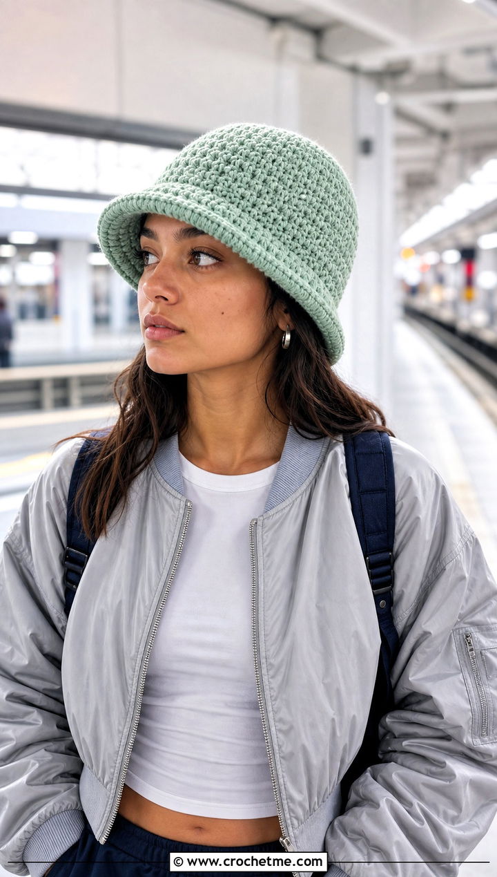 Moss Stitch Crochet Bucket Hat With Bomber Jacket - 20 Moss Stitch Crochet Hat outfit ideas