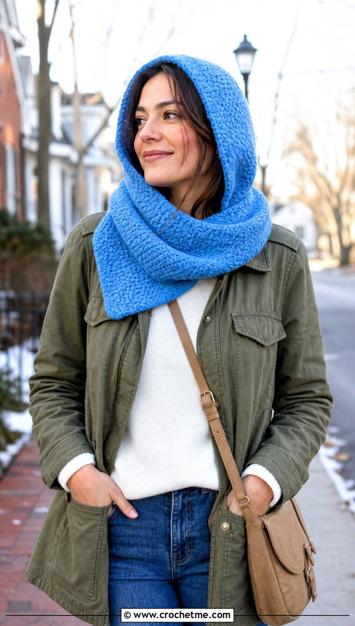 Moss Stitch Crochet Cap Scarf With Utility Jacket - 25 Crochet Cap Scarf outfit ideas
