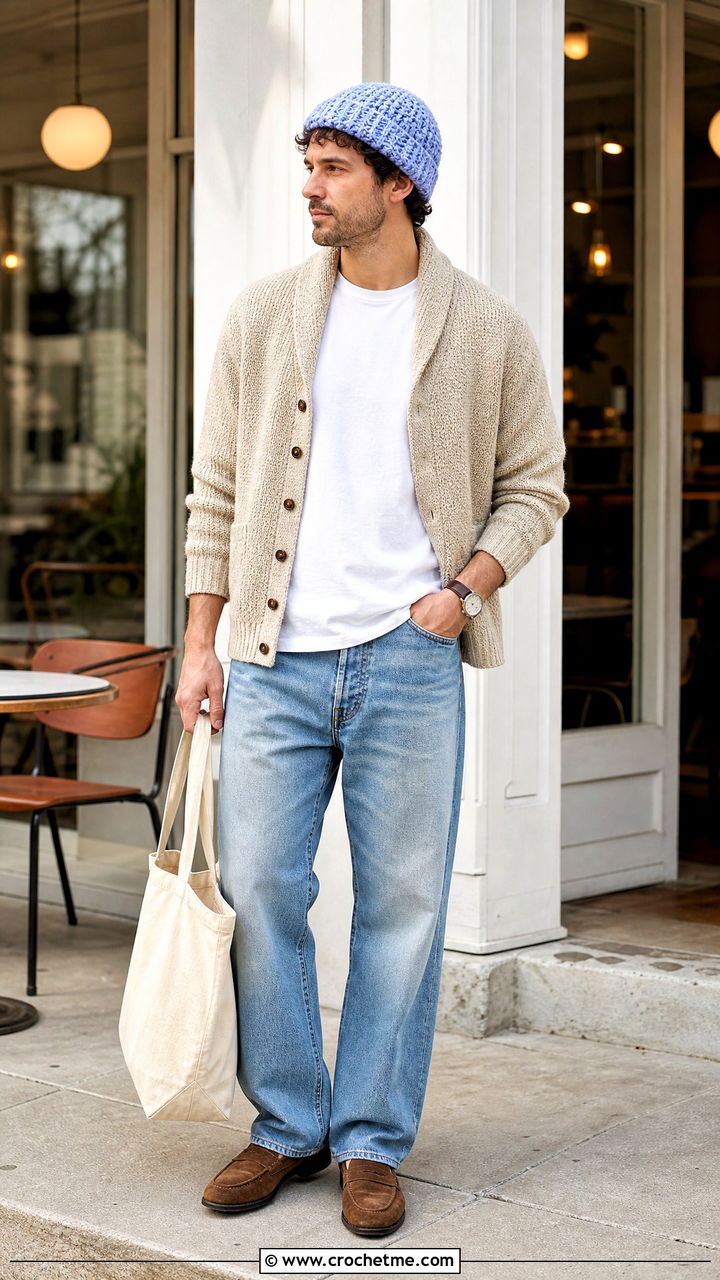 Moss Stitch Crochet Cap With Cardigan - 35 crochet cap for men outfit ideas