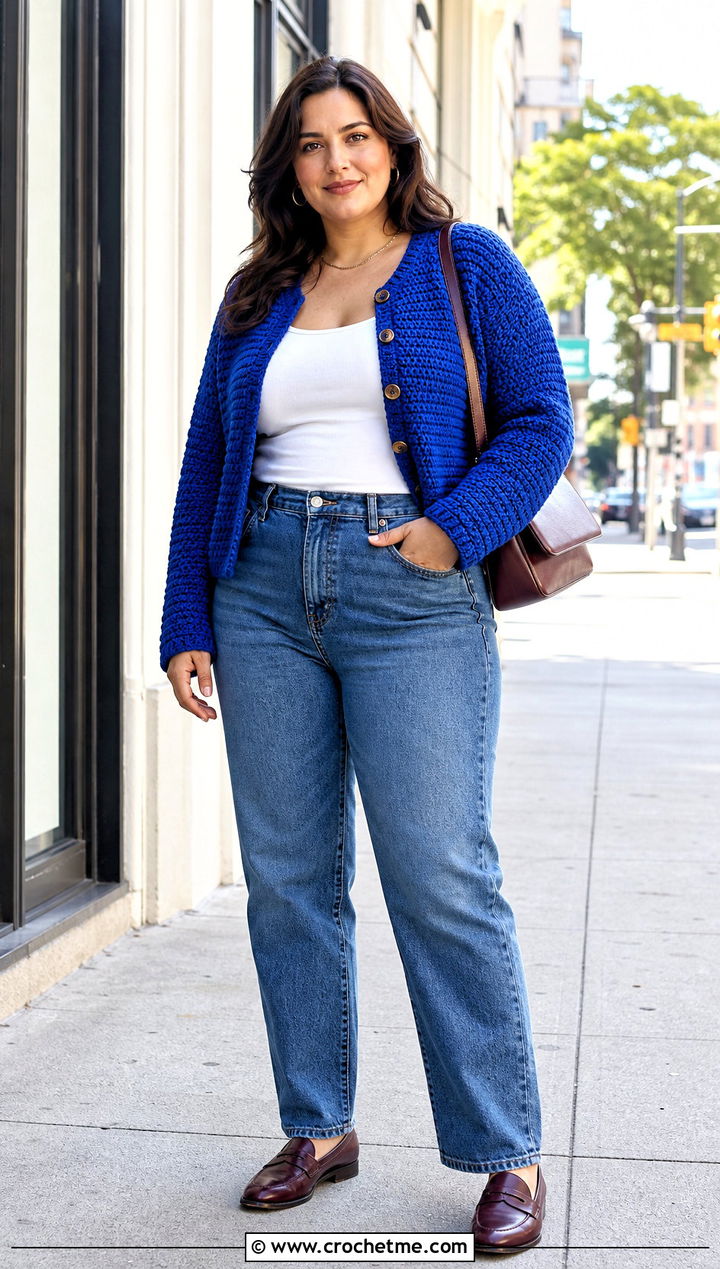 Moss Stitch Crochet Cardigan With Straight Leg Jeans - 15 Crochet Stitches Clothes and outfit ideas