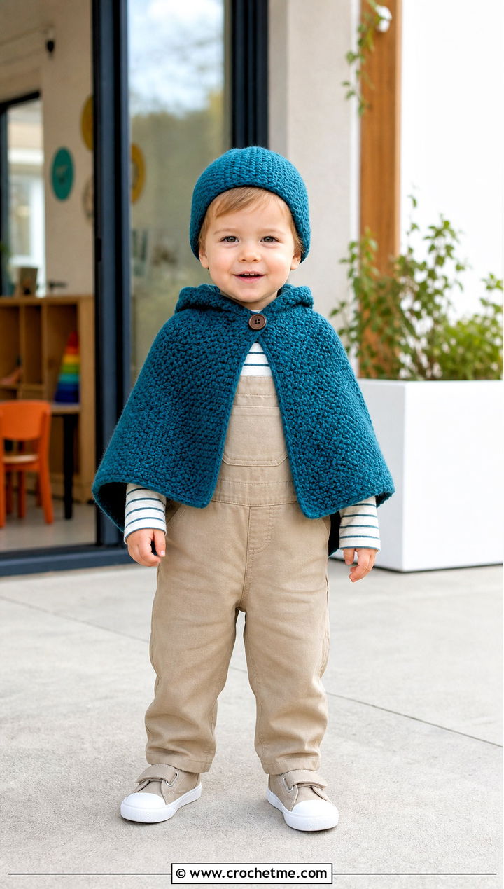 Moss Stitch Crochet Carseat Poncho With Twill Overalls - 25 Crochet Carseat Poncho outfit ideas