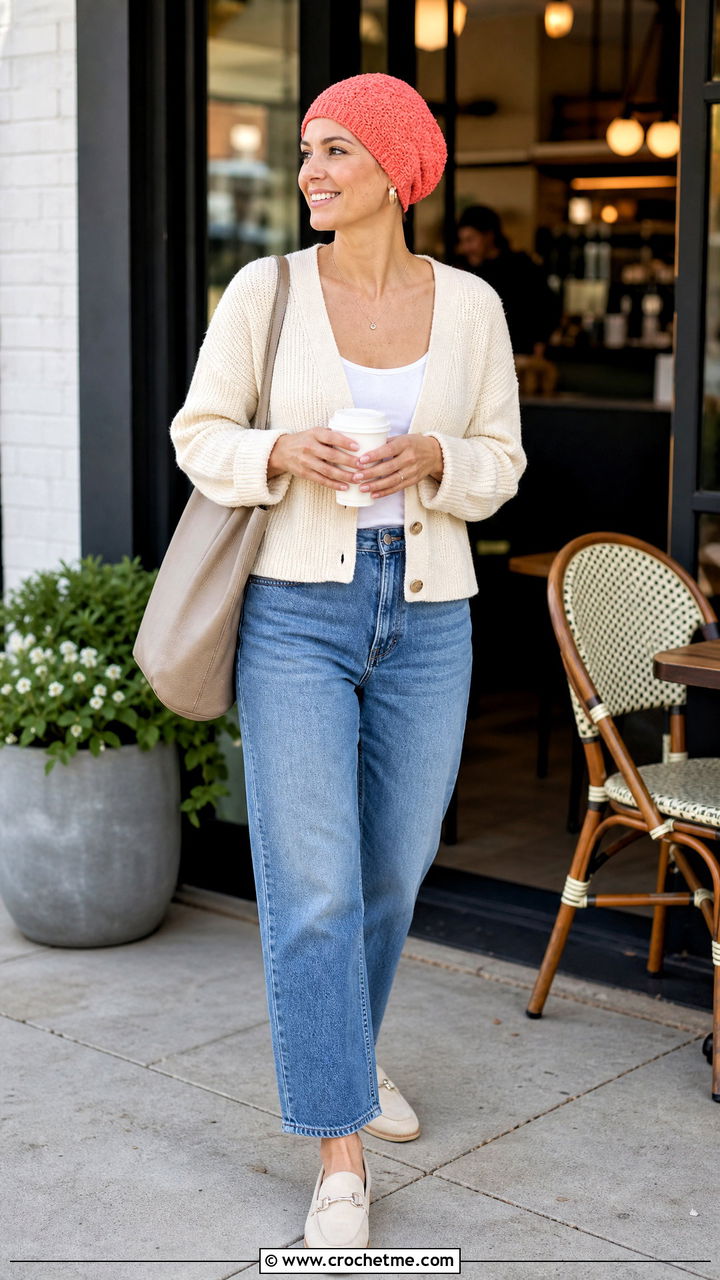 Moss Stitch Crochet Chemo Cap With Cardigan And Jeans - 35 crochet chemo caps outfit ideas