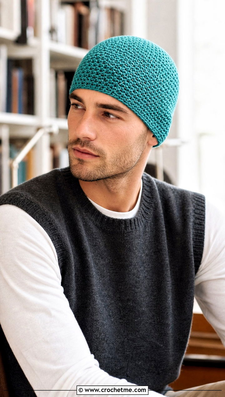Moss Stitch Crochet Chemo Cap With Sweater Vest - 25 Crochet Chemo Caps For Men outfit ideas
