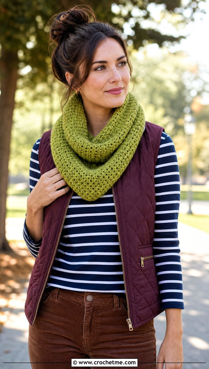 Moss Stitch Crochet Chunky Cowl With Quilted Vest - 30 crochet chunky cowl outfit ideas