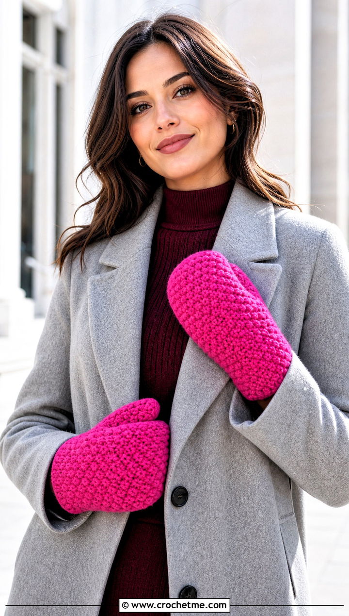 Moss Stitch Crochet Chunky Mittens With Wool Coat - 30 crochet chunky mittens outfit ideas