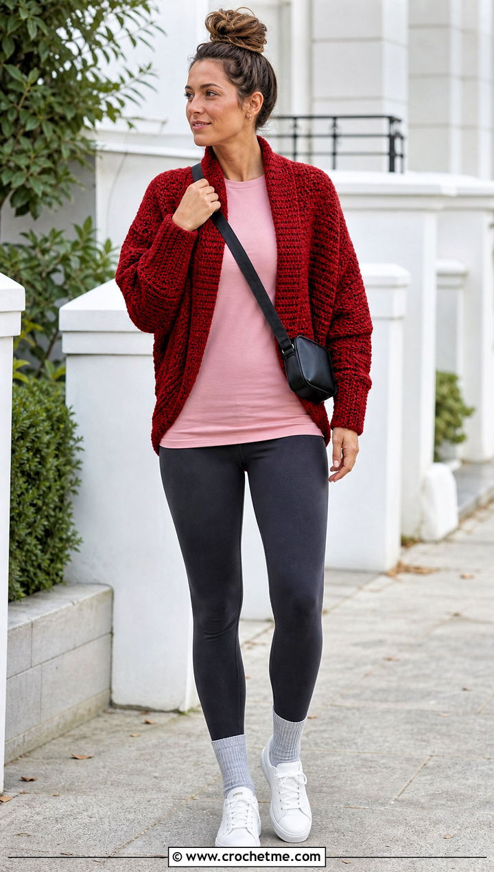 Moss Stitch Crochet Cocoon Shrug With Leggings - 30 crochet cocoon shrug outfit ideas