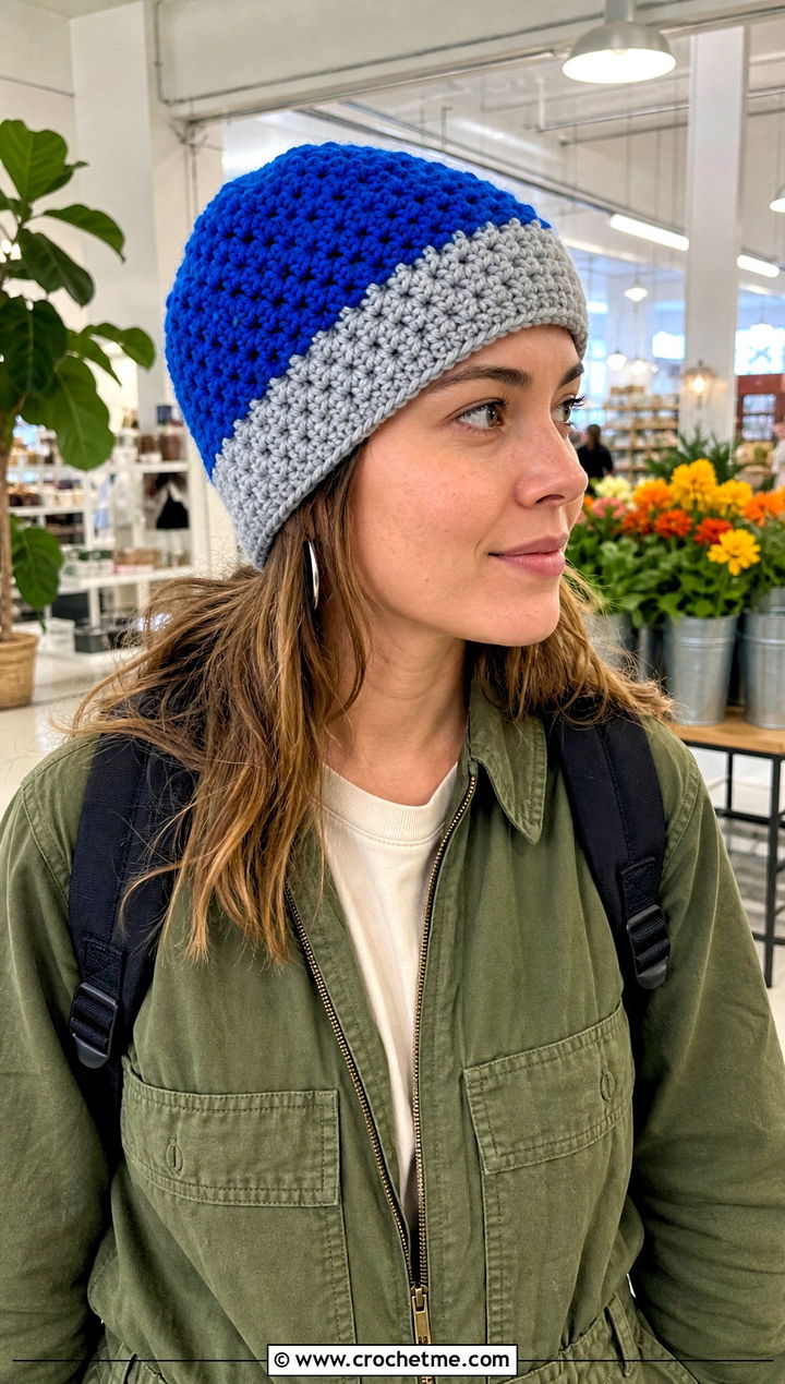 Moss Stitch Crochet Color Block Beanie With Utility Jumpsuit - 20 Moss Stitch Crochet Hat outfit ideas