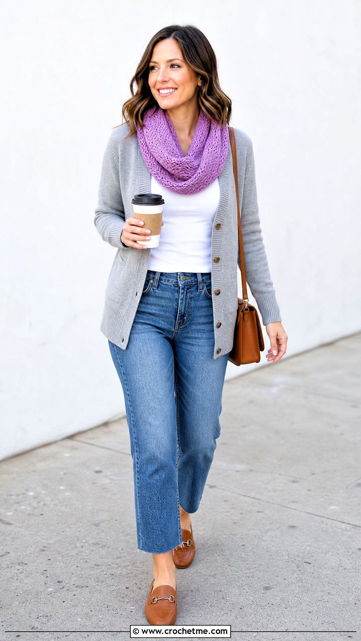 Moss Stitch Crochet Cowl Scarf With Cardigan And Jeans - 35 crochet cowell scarf outfit ideas