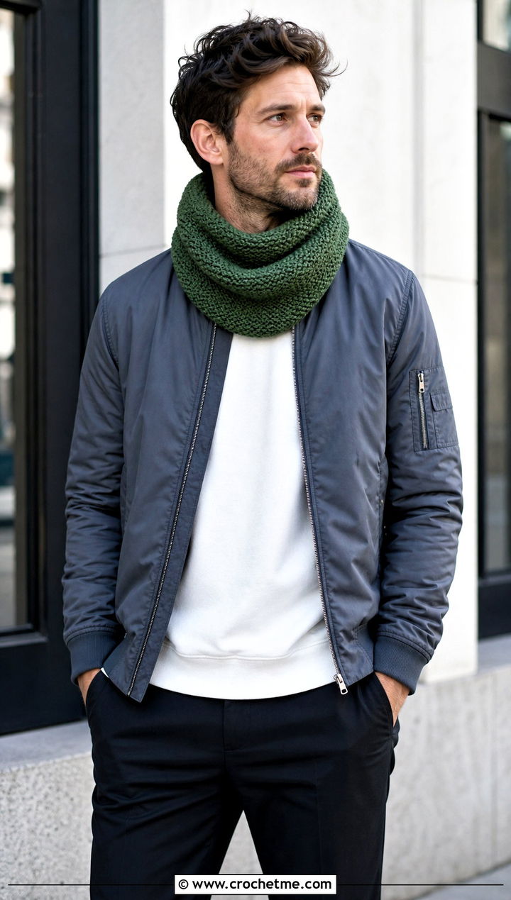 Moss Stitch Crochet Cowl With Bomber Jacket - 30 crochet cowl for men outfit ideas