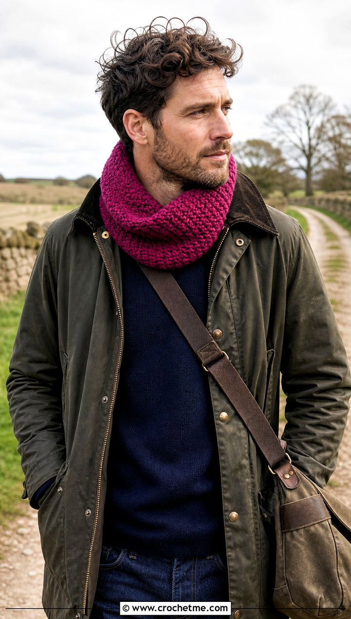 Moss Stitch Crochet Cowl With Field Jacket - 25 Men Crochet Cowl outfit ideas