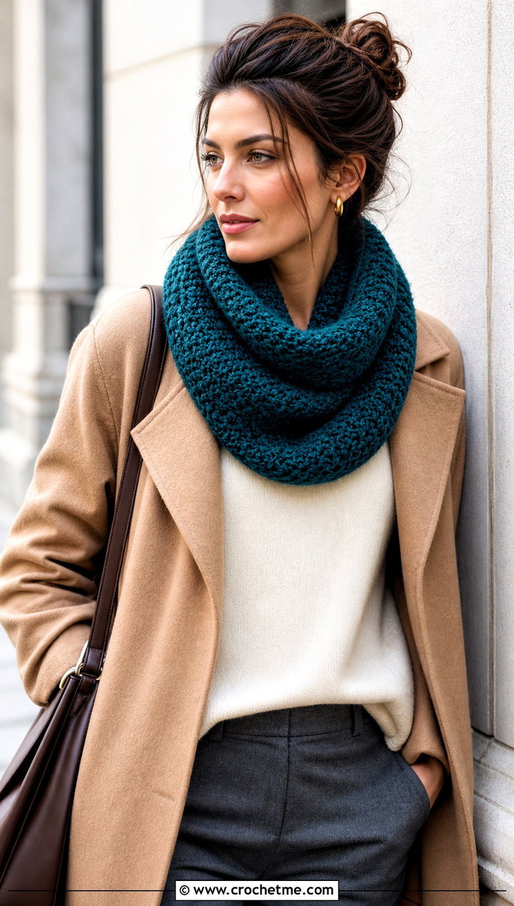 Moss Stitch Crochet Cowl With Wool Coat - 25 cowl crochet scarf outfit ideas