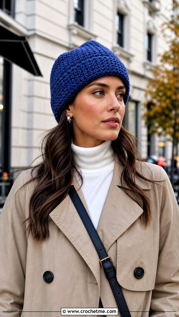 Moss Stitch Crochet Cuffed Beanie With Trench Coat - 20 Moss Stitch Crochet Hat outfit ideas