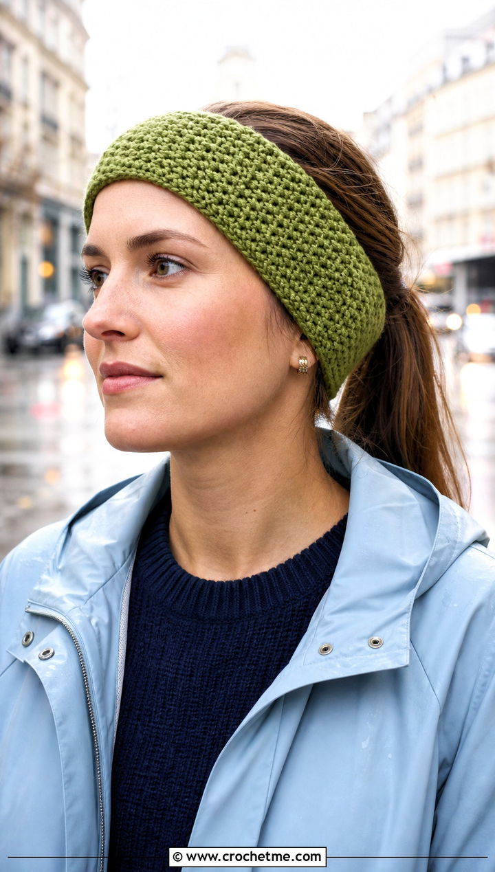 Moss Stitch Crochet Ear Headband With Raincoat And Ankle Pants - 30 crochet ear headband outfit ideas