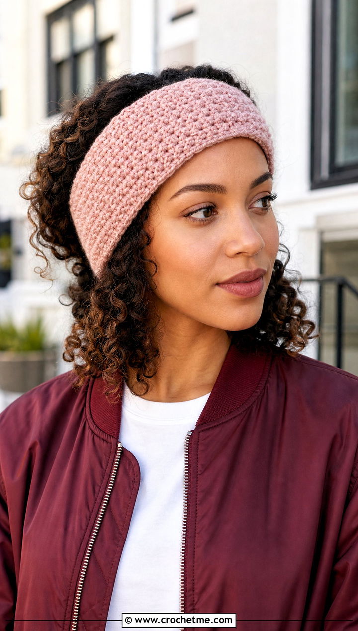 Moss Stitch Crochet Ear Warmer With Bomber Jacket and Jeans - 25 Simple Crochet Ear Warmer outfit ideas