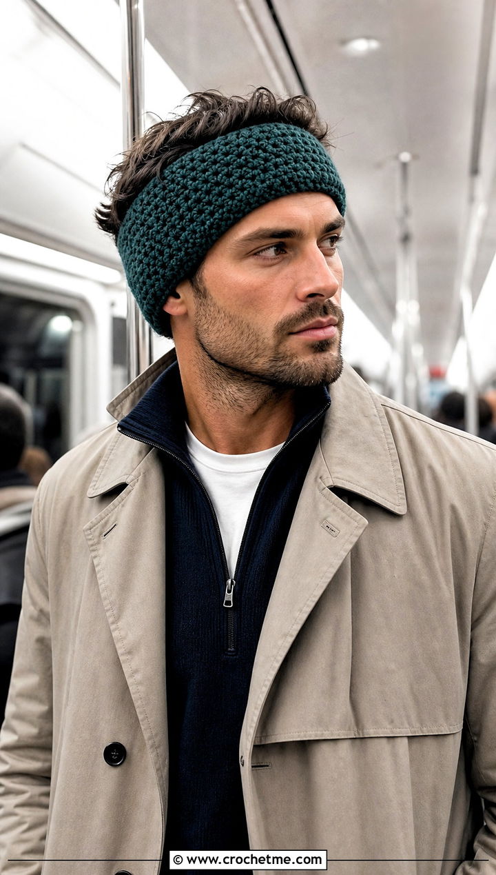 Moss Stitch Crochet Ear Warmer With Trench Coat - 15 mens crochet ear warmer outfit ideas