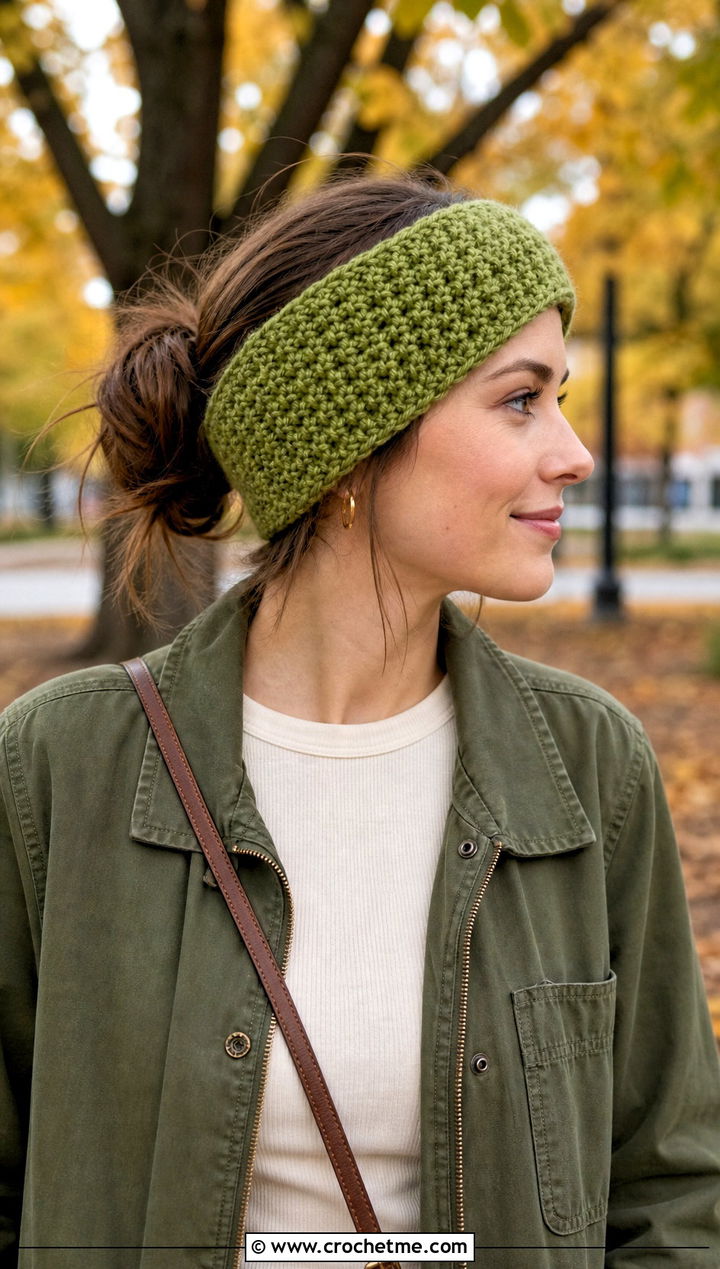 Moss Stitch Crochet Ear Warmer With Utility Jacket - 25 Beginner Crochet Ear Warmer outfit ideas