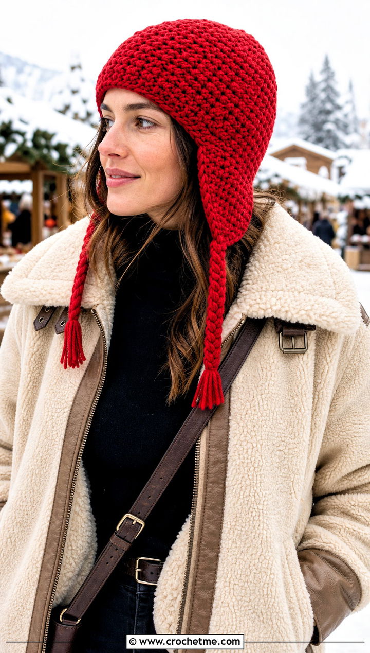 Moss Stitch Crochet Earflap Hat With Shearling Jacket - 20 Moss Stitch Crochet Hat outfit ideas