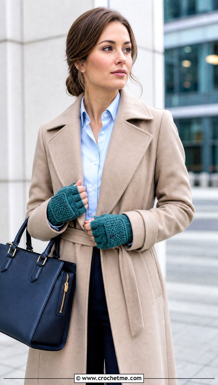 Moss Stitch Crochet Fingerless Gloves With Flap And Trench Coat - 30 crochet fingerless gloves with flap outfit ideas