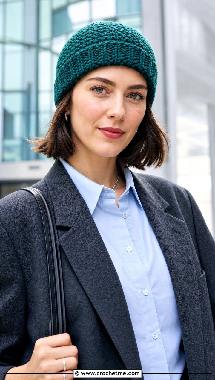 Moss Stitch Crochet Fisherman Beanie With Blazer And Trousers - 20 Moss Stitch Crochet Hat outfit ideas