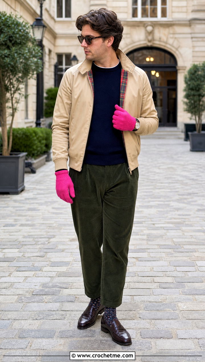 Moss Stitch Crochet Gloves With Harrington Jacket - 35 men crochet gloves outfit ideas