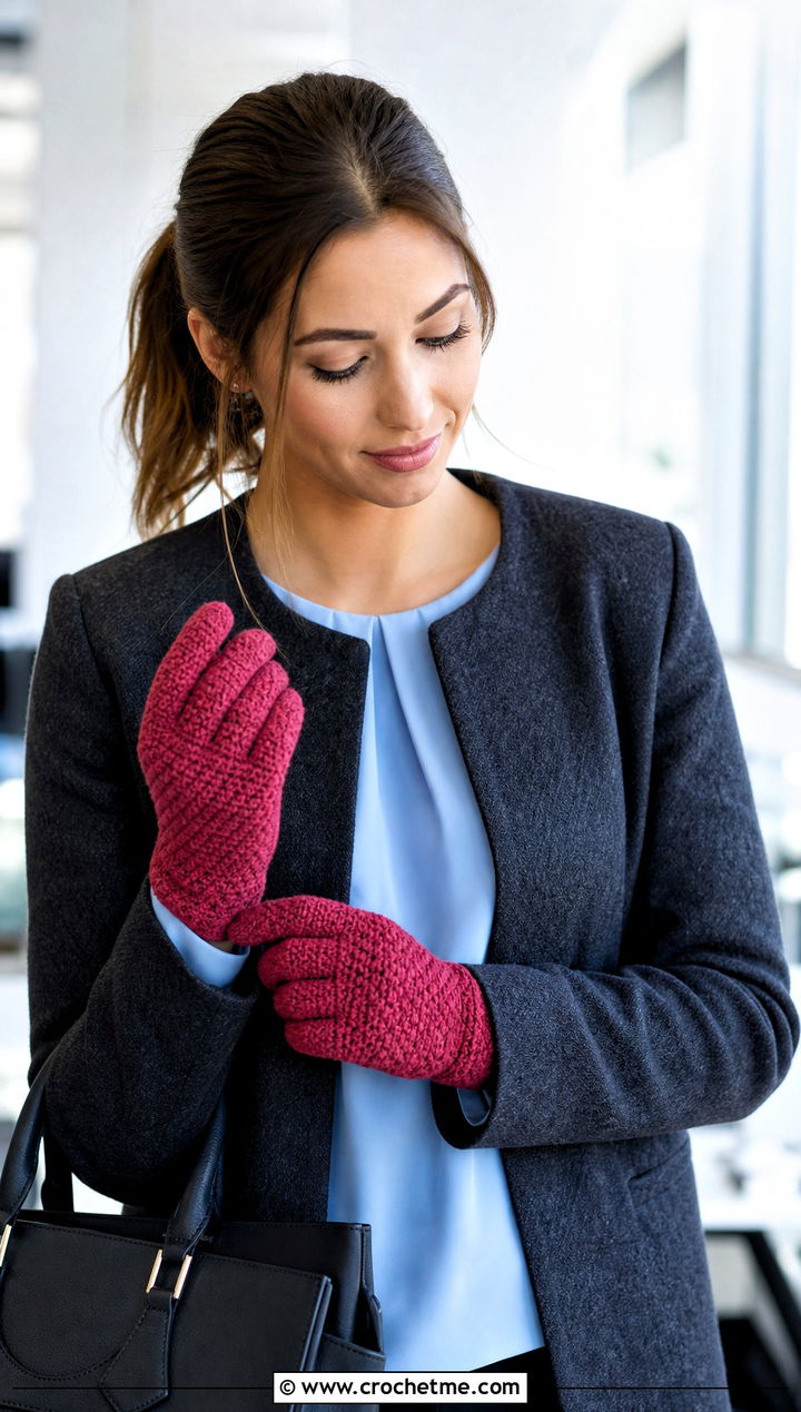 Moss Stitch Crochet Gloves With Office Trousers - 35 crochet gloves fingers outfit ideas