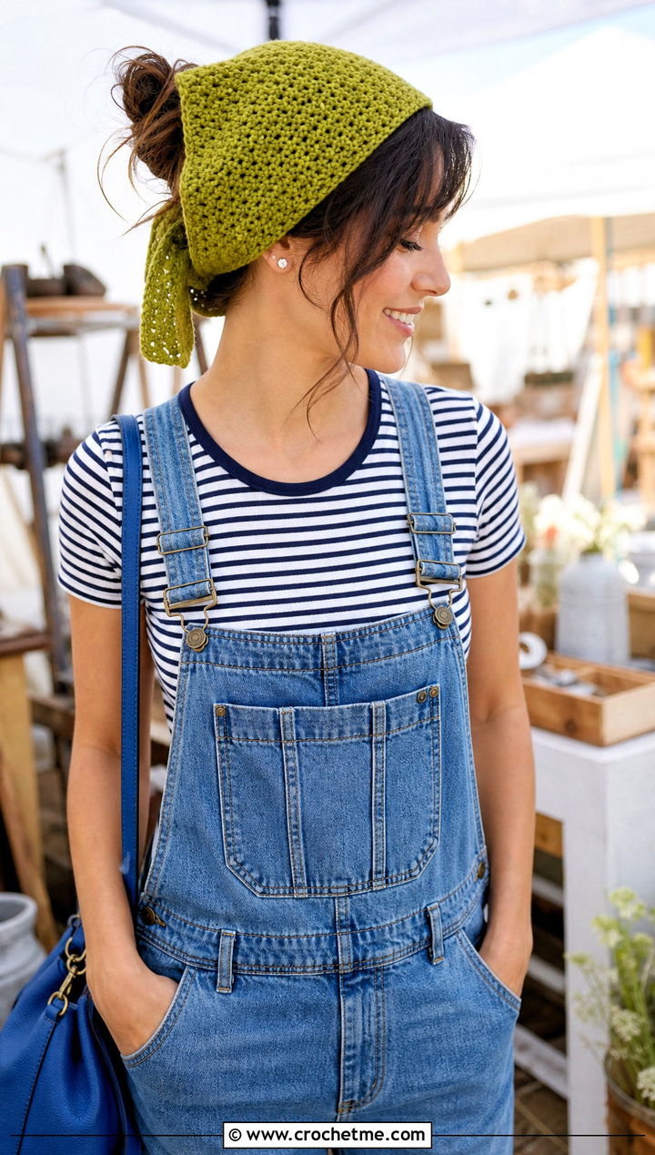Moss Stitch Crochet Hair Scarf With Denim Overalls - 15 Crochet Hair Scarf Ideas